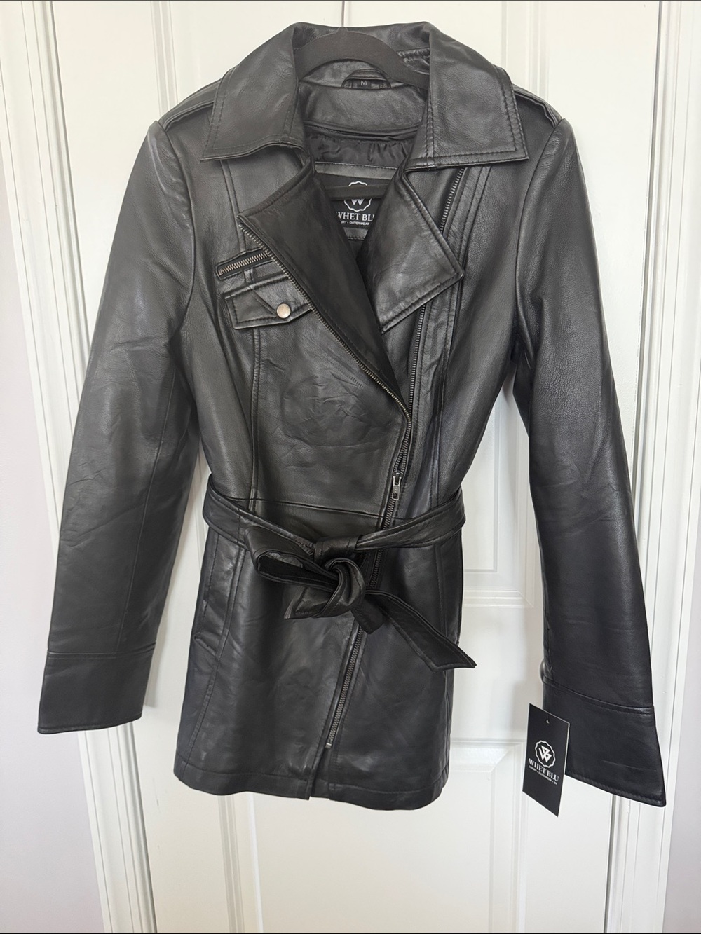Whet Blu Black Leather Belted Moto Jacket - Women's Size M Brand New